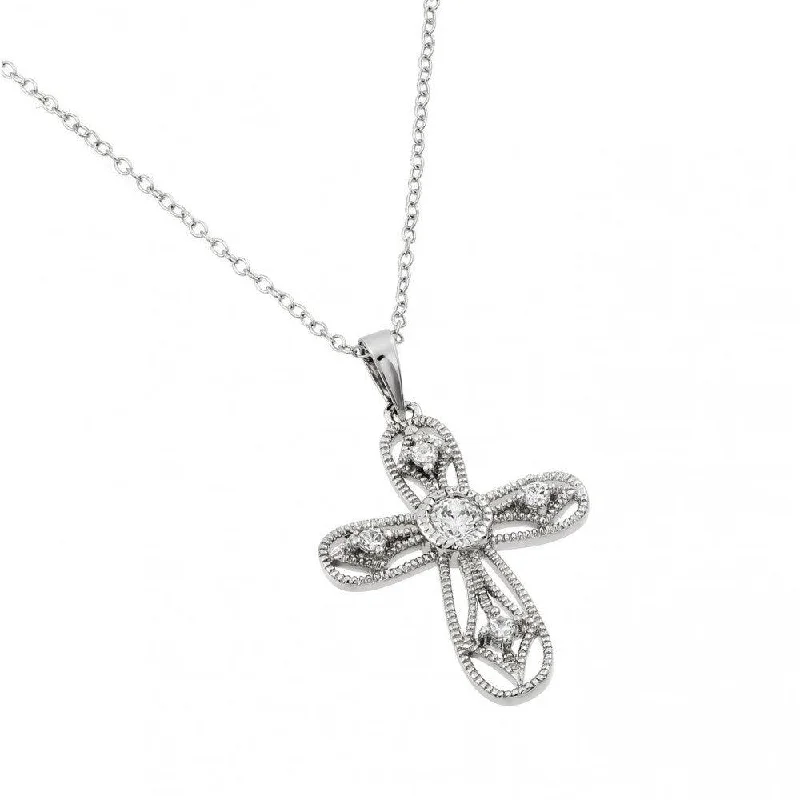 Stunning necklaces and pendants with amethyst gemstones for a calming effect-Silver 925 Rhodium Plated Clear CZ Round Cross Pendant Necklace - BGP00965