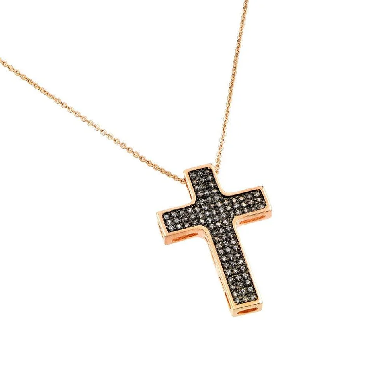 Simple necklaces and pendants with tiny charms for a delicate and casual vibe-Clearance-Silver 925 Rose Gold Plated Black and Clear Cross CZ Necklace - BGP00704