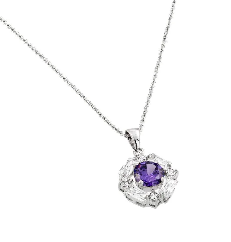 Best necklaces and pendants with cross pendants for a spiritual, meaningful symbol-Silver 925 Rhodium Plated Circle Center Purple CZ Necklace - BGP00809P