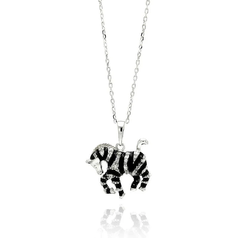 Necklaces and pendants with star-shaped designs for a whimsical, celestial touch-Silver 925 Rhodium Plated Black Onyx Zebra CZ Necklace - BGP00552