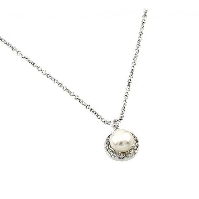 Necklaces and pendants with abstract shapes for a modern, creative appearance-Silver 925 Rhodium Plated Clear CZ Round Circle Fresh Water Pearl Necklace - BGP00879