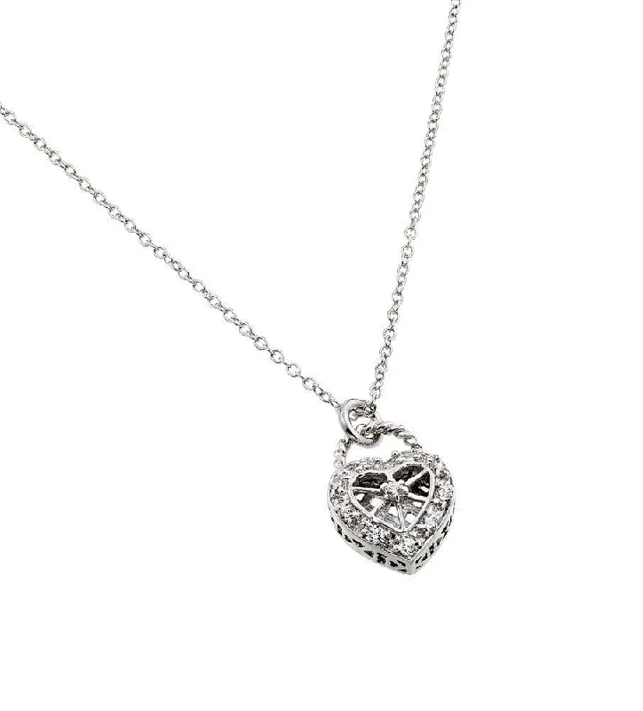 Personalized necklaces and pendants with coordinates for a meaningful location-based gift-Silver 925 Rhodium Plated Clear CZ Center Open Heart Pendant Necklace - BGP00822