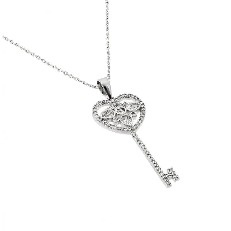 Stunning necklaces and pendants with ruby and diamond combinations for a luxurious effect-Silver 925 Rhodium Plated Open Heart Key CZ Necklace - BGP00436