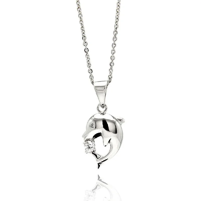 Necklaces and pendants with love knot designs for a romantic, meaningful symbol-Silver 925 Rhodium Plated Dolphin CZ Necklace - BGP00532