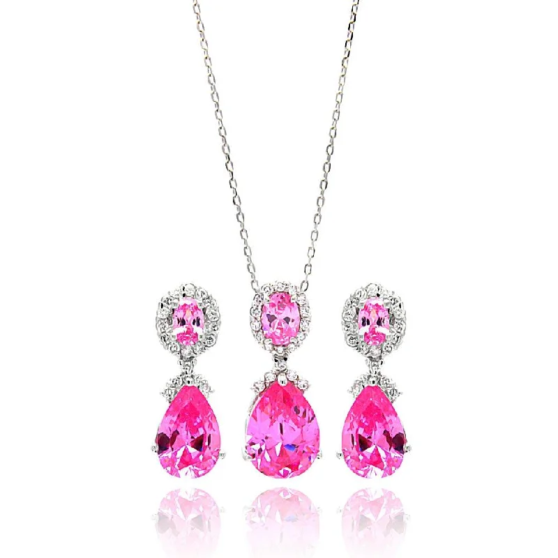 Necklaces and pendants with personalized charms for a custom piece of jewelry-Silver 925 Rhodium Plated Clear and Pink Round and Teardrop CZ Dangling Stud Earring and Dangling Necklace - BGS00298