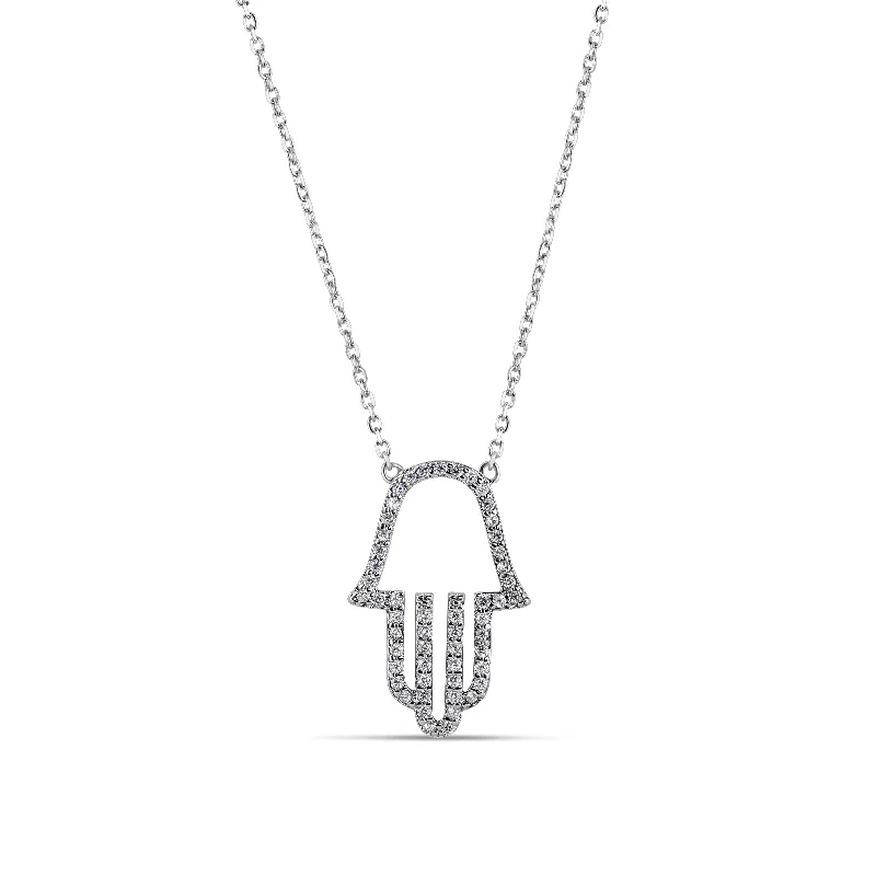 Elegant necklaces and pendants with gold chains for a chic, timeless appearance-Silver 925 Rhodium Plated Clear CZ Hamsa Pendant Necklace - STP01379RH