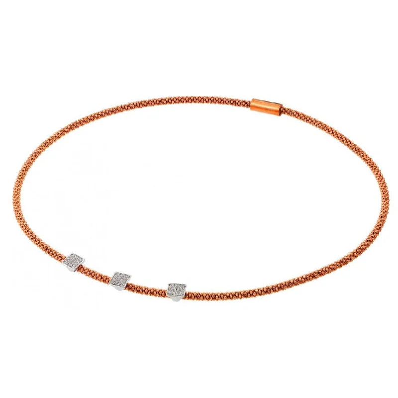 Trendy necklaces and pendants with geometric shapes for a modern aesthetic-Clearance-Silver 925 Rose Gold Plated Three Small Square Micro Pave CZ Necklace - ITN00096RGP