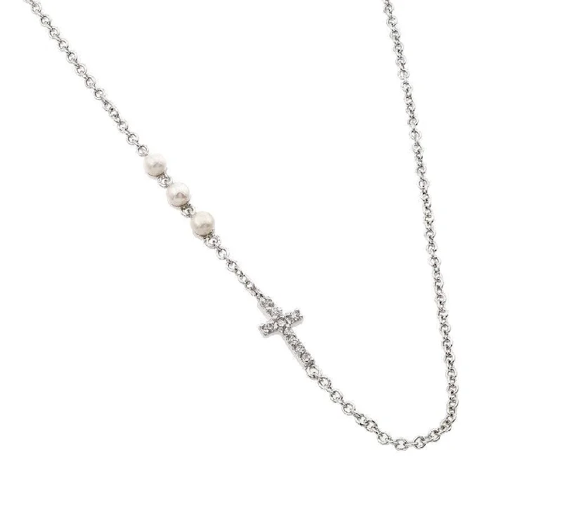 Elegant necklaces and pendants with onyx stones for a sleek, polished look-Silver 925 Rhodium Plated Clear CZ 3 Pearl 1 Cross Pendant Necklace - BGP00949