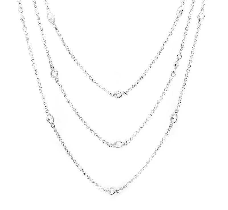 Necklaces and pendants with sun and moon motifs for a celestial-inspired design-Silver 925 Rhodium Plated Round and Marquise Clear CZ 3 Row Necklace - BGP00929