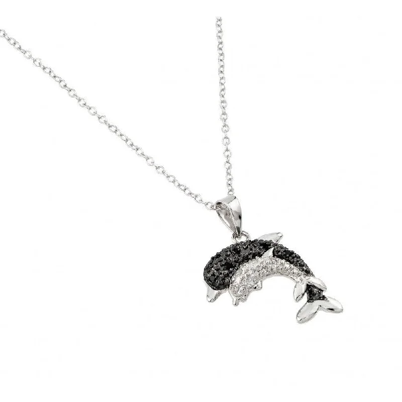 Stunning necklaces and pendants with turquoise and gold for a vibrant, earthy look-Silver 925 Rhodium Plated Black and Clear Dolphin Necklace - BGP00680