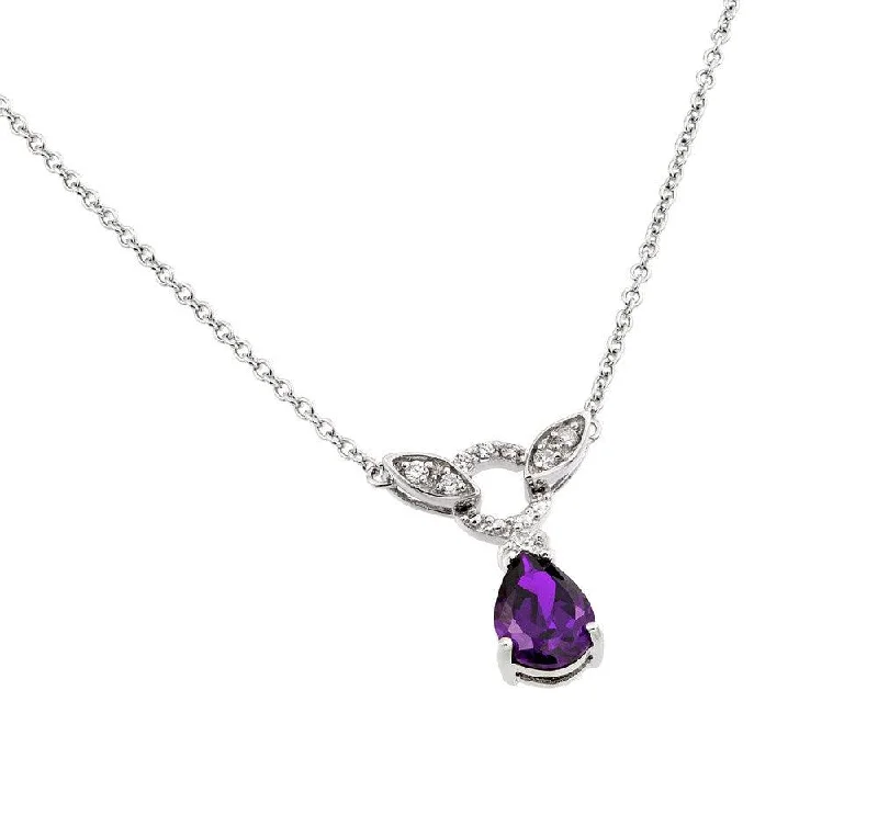 Necklaces and pendants with love knot designs for a romantic, meaningful symbol-Silver 925 Rhodium Plated Purple and Clear CZ Stone Tear Drop Shape Pendant Necklace - BGP00846P