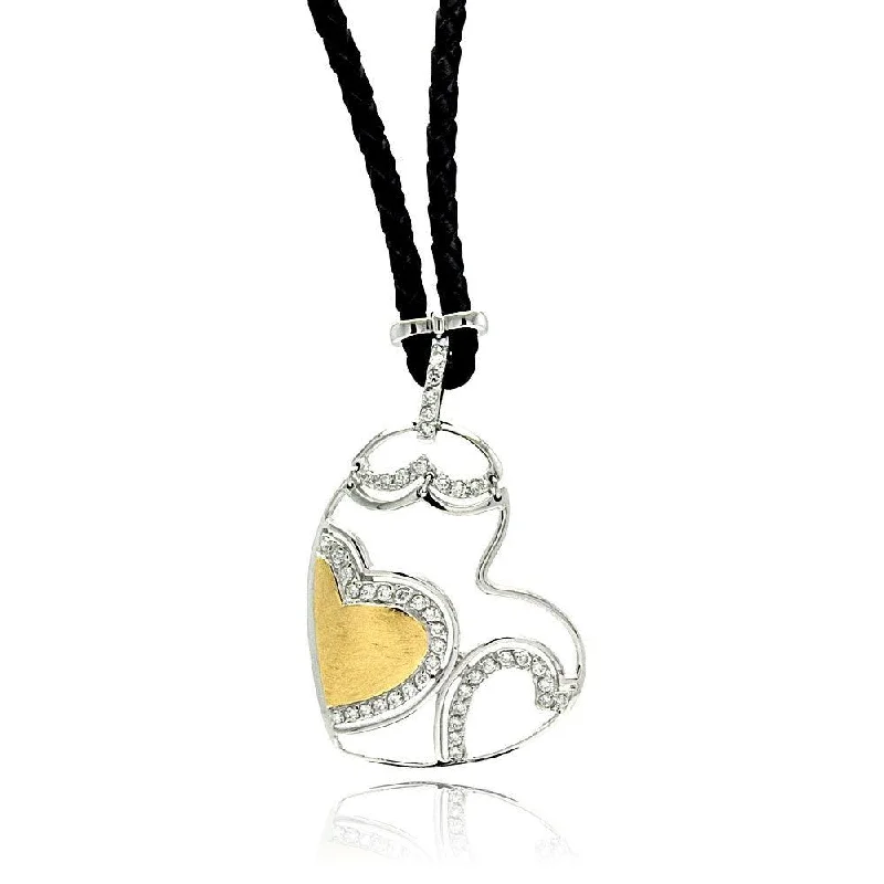 Beautiful necklaces and pendants with diamond-encrusted designs for maximum sparkle-Clearance-Silver 925 Rhodium Plated Two Tone Heart CZ Leather Cord Necklace - BGP00498