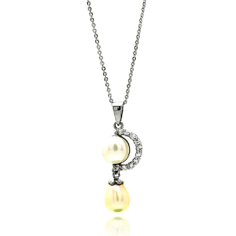 Best necklaces and pendants with black diamonds for an edgy, bold statement-Silver 925 Rhodium Plated Crescent CZ with Fresh Water Pearl Necklace - BGP00602