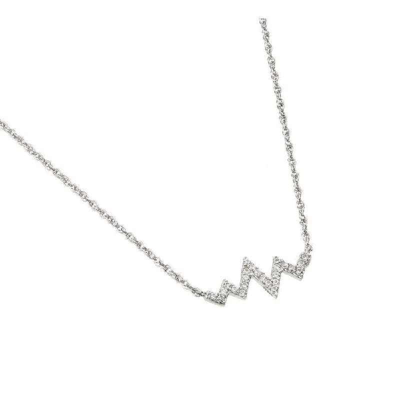 Best necklaces and pendants with oval pendants for a classic, elegant shape-Silver 925 Rhodium Plated Clear CZ Zigzag Heartbeat Pendant Necklace - STP01454