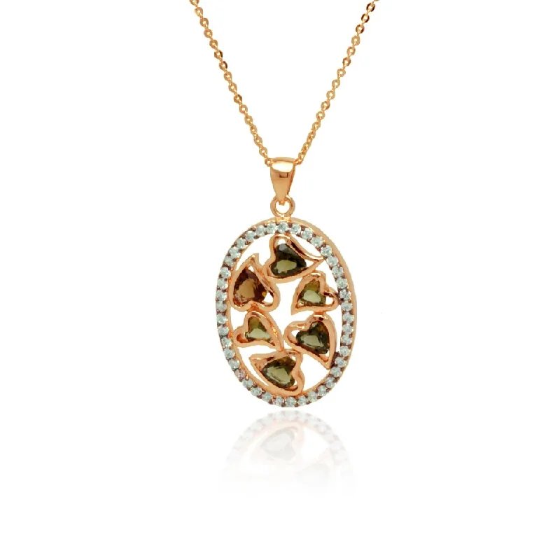 Necklaces and pendants with celestial starburst designs for a radiant look-Clearance-Silver 925 Rose Gold Plated Oval Multiple Heart Stones Outline CZ Necklace - BGP00775