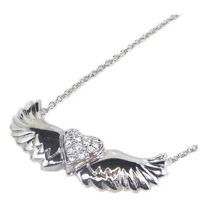 Necklaces and pendants with zodiac constellation designs for an astrological touch-Silver 925 Rhodium Plated Winged Clear Heart CZ Necklace - STP00543