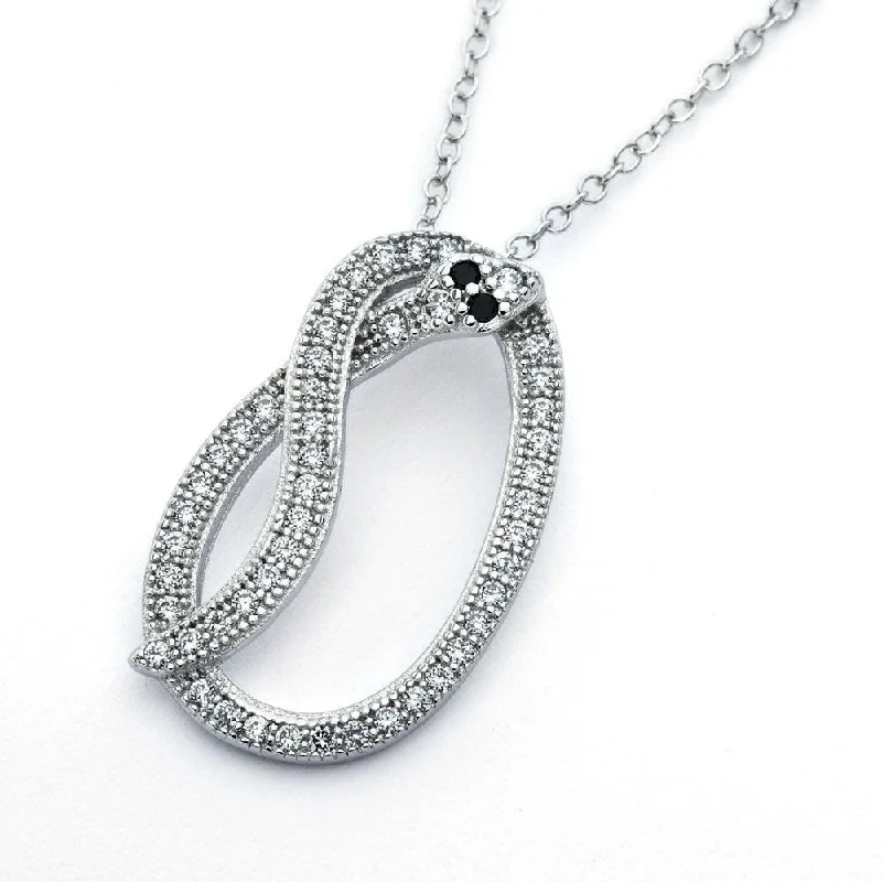 Necklaces and pendants with crescent moon designs for a celestial and mystical feel-Silver 925 Rhodium Plated Long Black and Clear Snake CZ Necklace - BGP00816