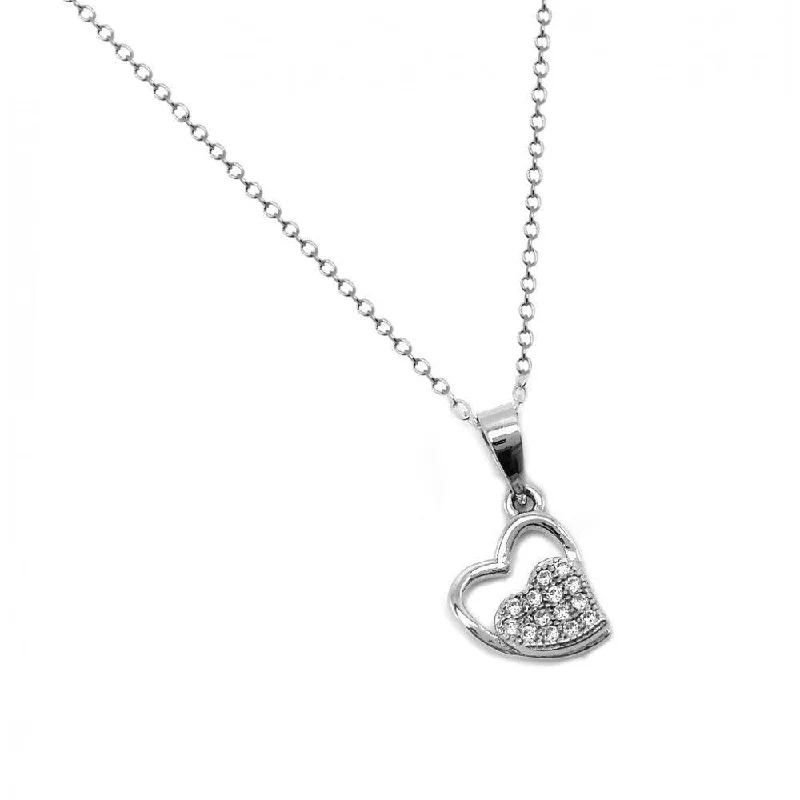 Best necklaces and pendants with personalized coordinates for a special keepsake-Silver 925 Rhodium Plated Clear CZ Outer and Inner Paved Heart Pendant Necklace - BGP00941