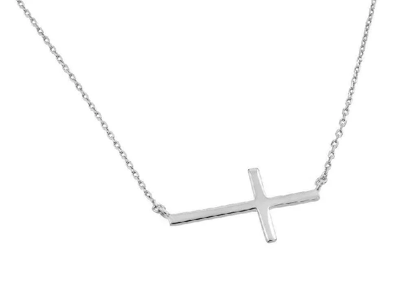 Best necklaces and pendants with black diamonds for an edgy, bold statement-Silver 925 Rhodium Plated Plain Sideways Solid Cross Pendant Necklace - BGP00821RHD