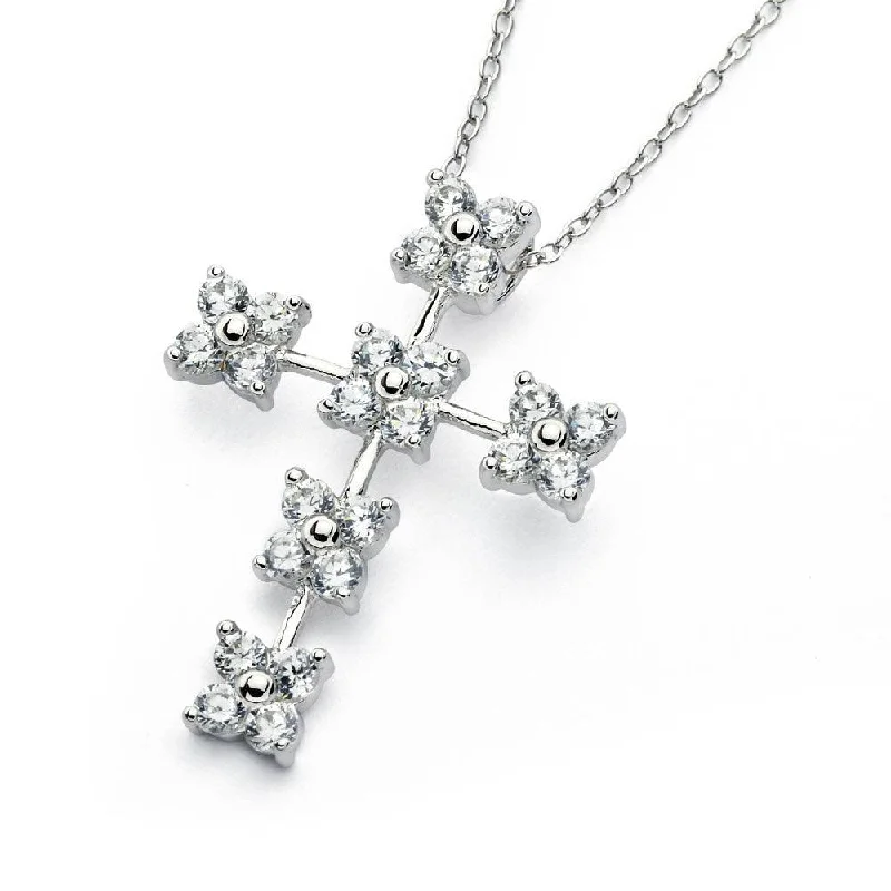 Personalized necklaces and pendants with coordinates for a meaningful location-based gift-Silver 925 Rhodium Plated Clear CZ Flower Cross Pendant Necklace - BGP00825