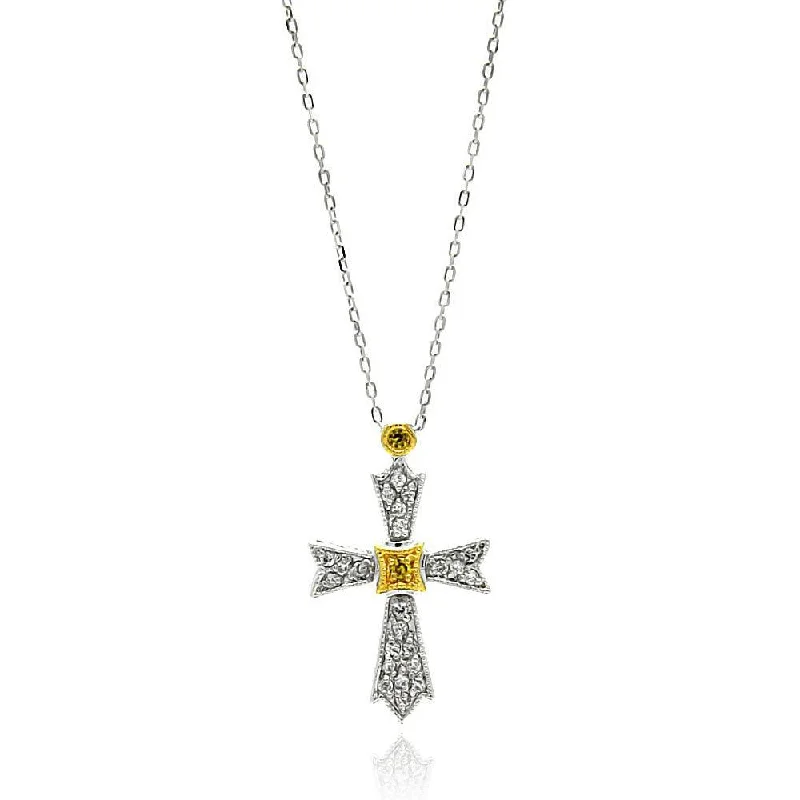 Beautiful necklaces and pendants with gemstone teardrops for an elegant effect-Silver 925 Gold and Rhodium Plated Cross Two Toned CZ Necklace - BGP00575