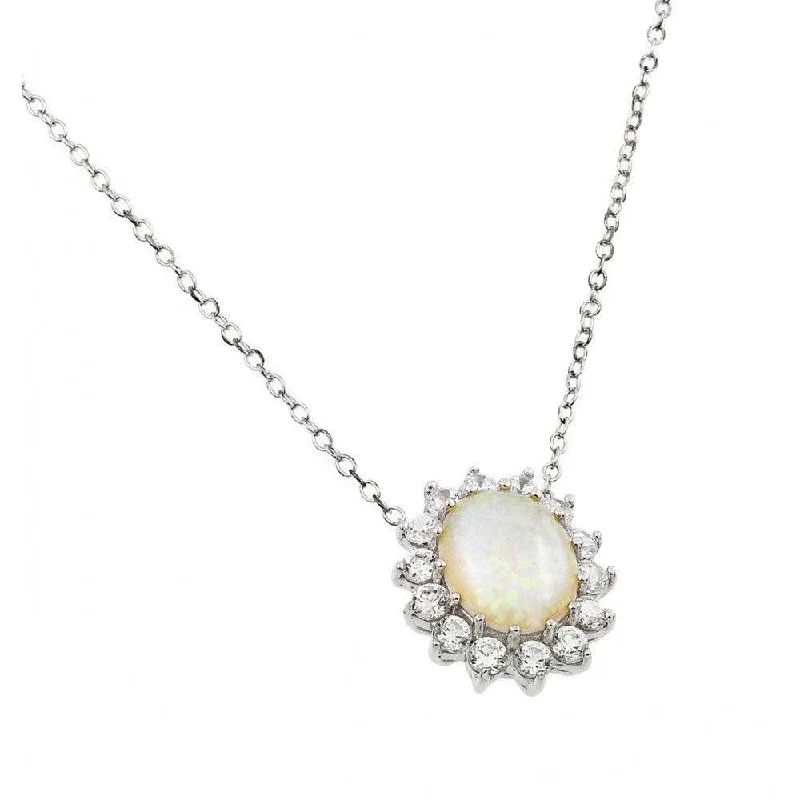 Unique necklaces and pendants with vintage-inspired designs for timeless appeal-Silver 925 Rhodium Plated Clear CZ Sunflower Oval Opal Cluster Pendant Necklace - STP01409