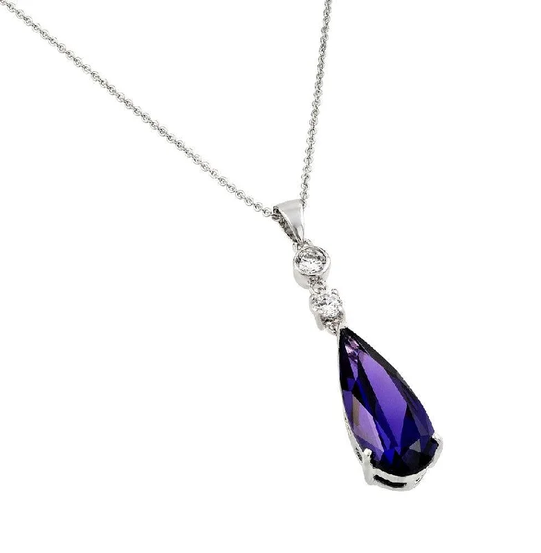 Necklaces and pendants with abstract shapes for a modern, creative appearance-Silver 925 Rhodium Plated Teardrop Purple CZ Dangling Necklace - BGP00810P