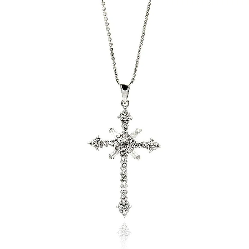 Necklaces and pendants with crescent moon designs for a celestial and mystical feel-Silver 925 Rhodium Plated Cross CZ Necklace - BGP00604