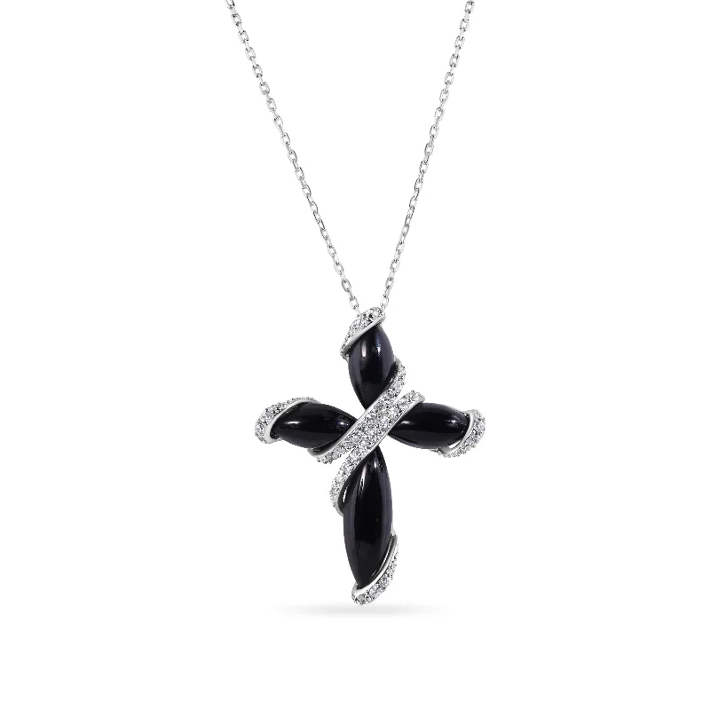 Necklaces and pendants with infinity love symbols for an eternal, romantic gesture-Silver 925 Rhodium Plated Black Onyx Cross CZ Necklace - BGP00488