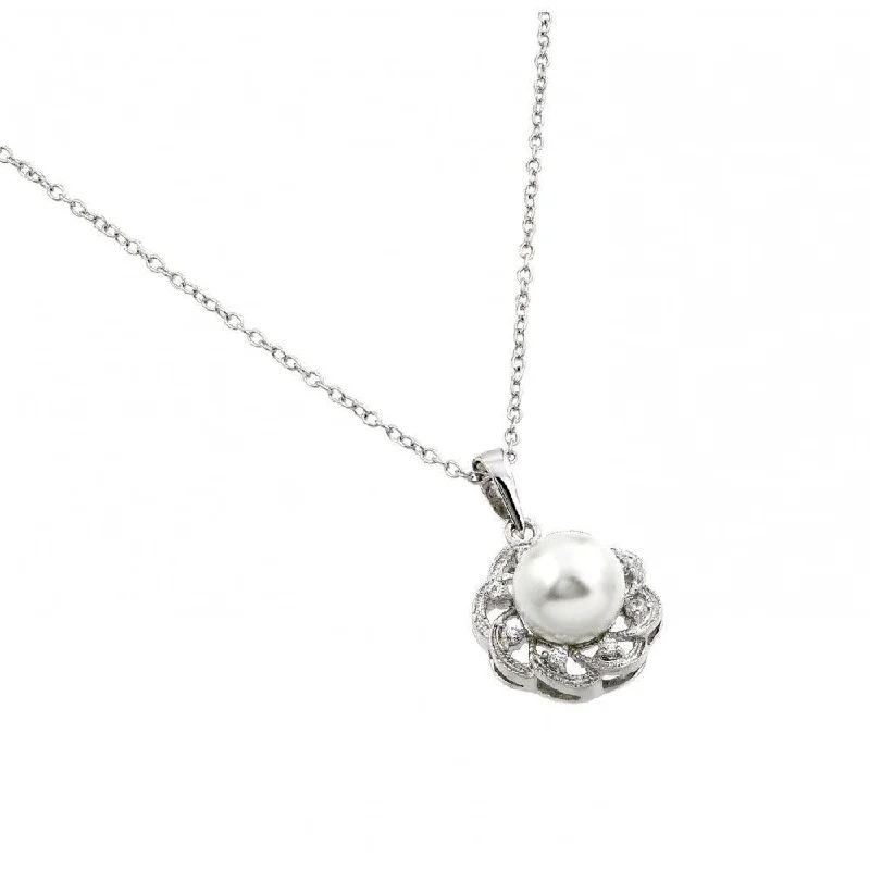 Simple necklaces and pendants with bar pendants for a sleek modern design-Silver 925 Rhodium Plated Flower CZ Center Pearl Necklace - BGP00707