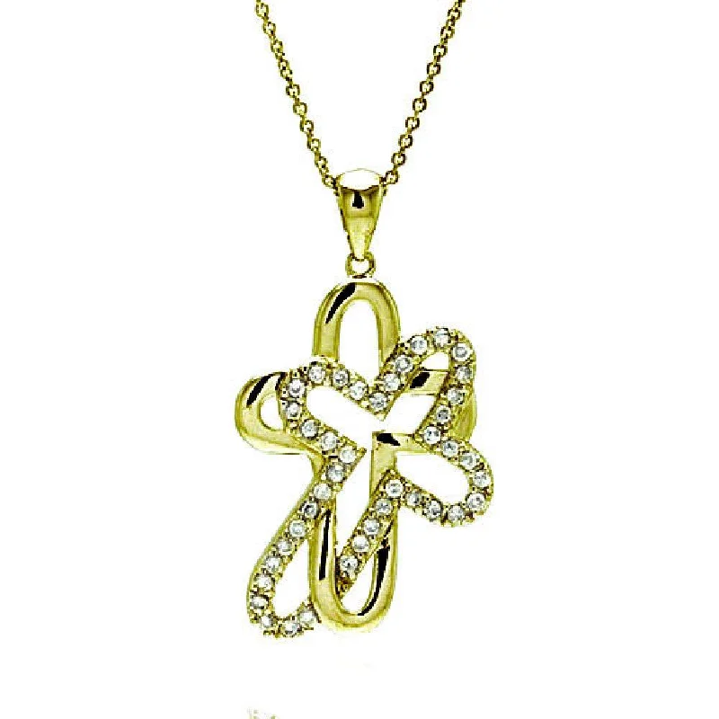 Beautiful necklaces and pendants with diamond-encrusted designs for maximum sparkle-Clearance-Silver 925 Clear CZ Gold Plated Double Cross Pendant Necklace - STP00008GP