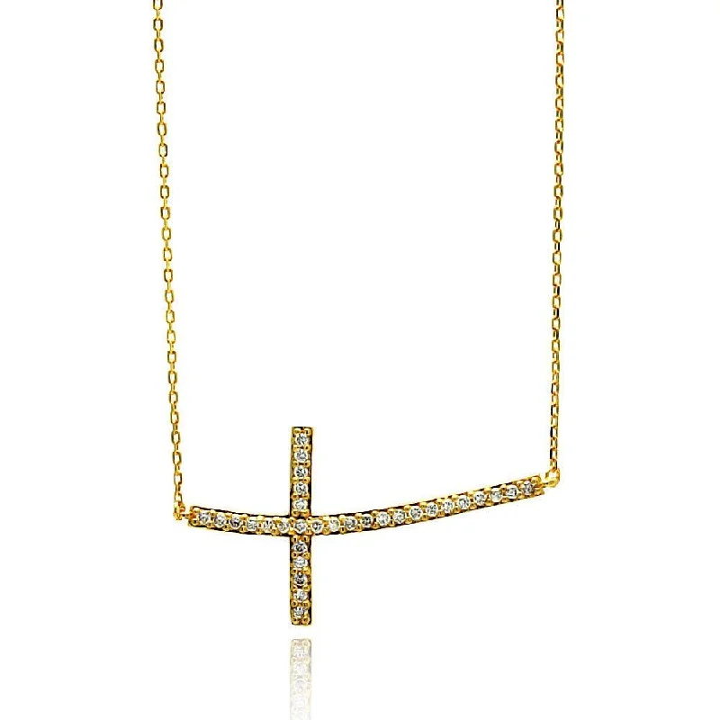 Unique necklaces and pendants with gemstones for a colorful and vibrant statement-Silver 925 Gold Plated Sideways Cross CZ Necklace - BGP00670