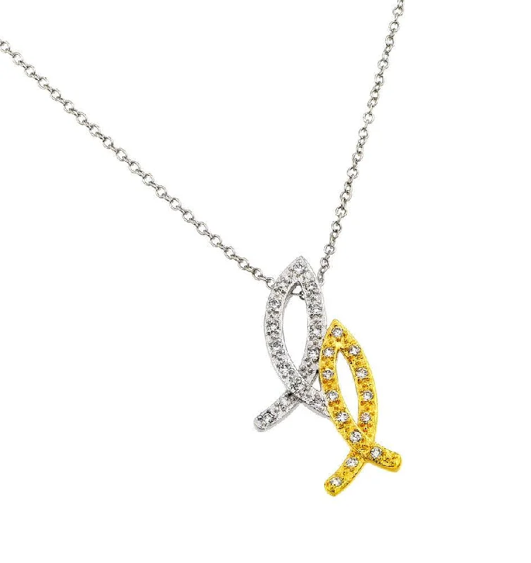 Best necklaces and pendants with silver chains for a sleek, timeless look-Silver 925 Rhodium Plated and Gold Plated 2 Tone 2 Christian Fish Pendant Necklace - BGP00864