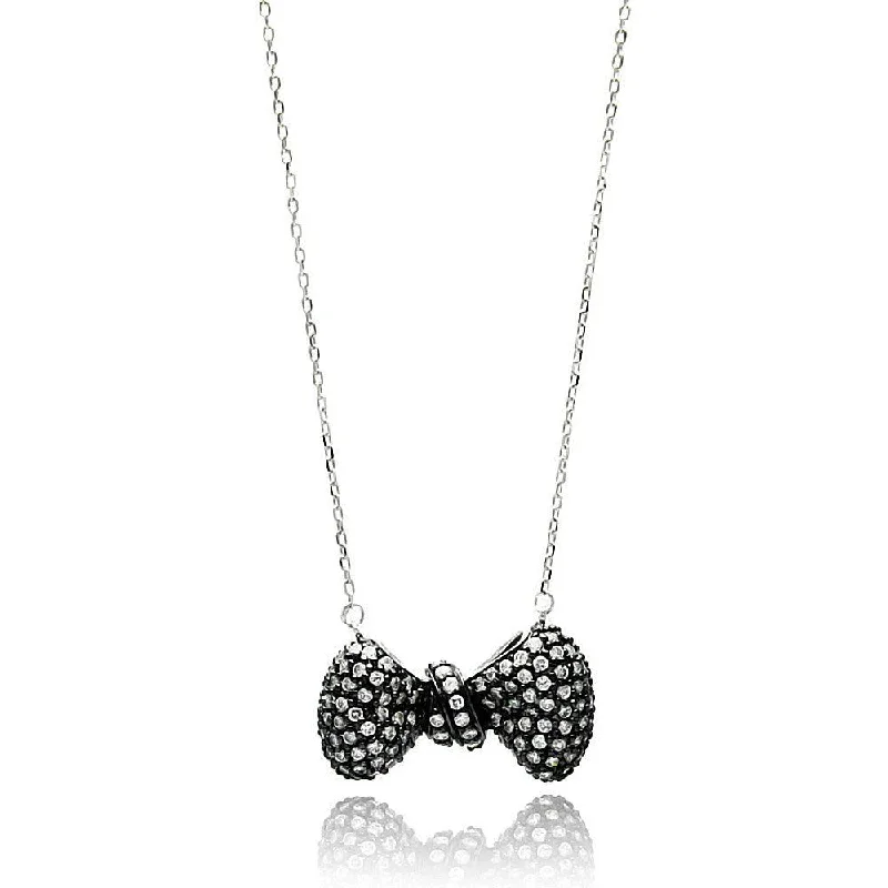 Best necklaces and pendants with intricate beadwork for a bohemian-inspired look-Silver 925 Black Rhodium Plated Bow Clear CZ Inlay Necklace - BGP00659