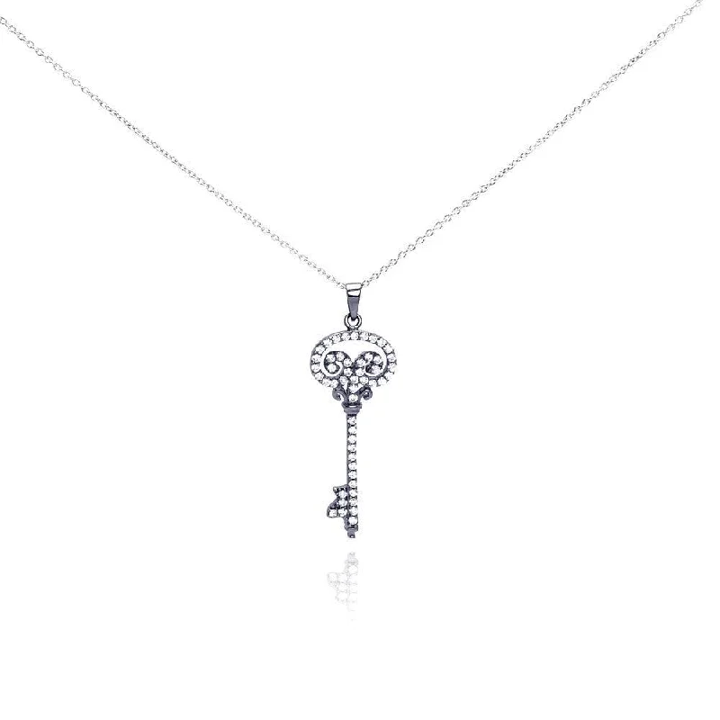 Beautiful necklaces and pendants with geometric shapes for a modern, artistic design-Silver 925 Black Rhodium Plated Clear CZ Key Pendant Necklace - STP00998