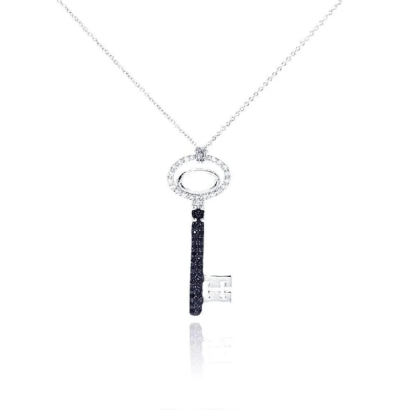 Necklaces and pendants with lotus flower designs for a spiritual, peaceful vibe-Clearance-Silver 925 Rhodium and Black Rhodium Plated Clear and Black CZ Key Pendant Necklace - STP00995