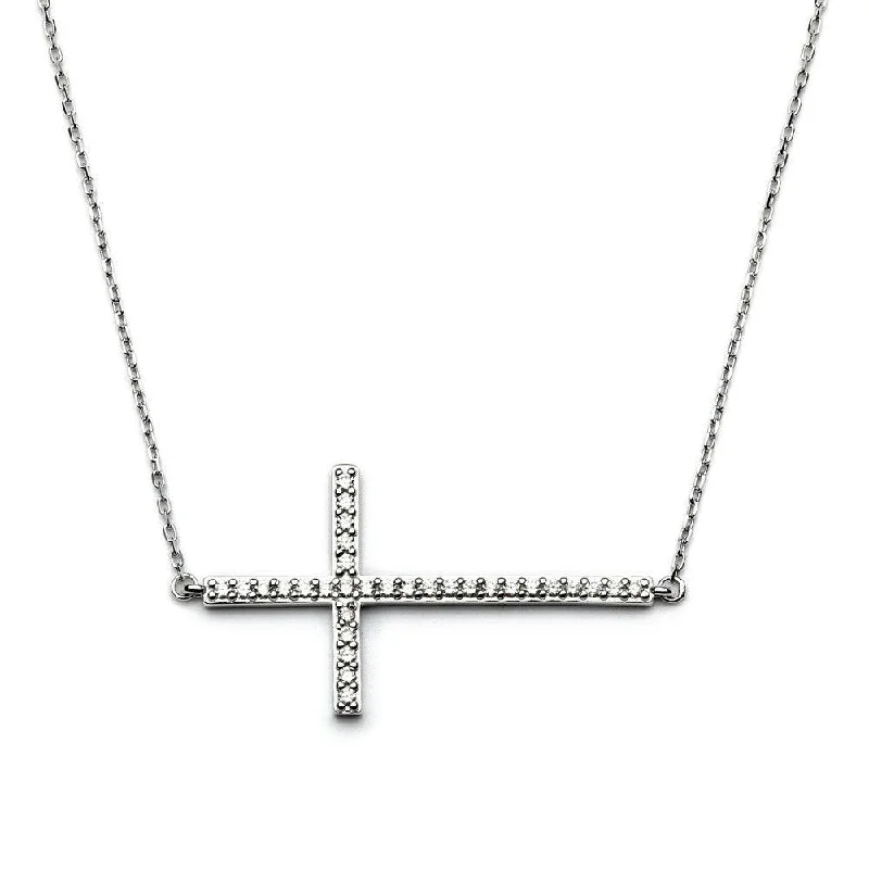 Necklaces and pendants with custom engravings for a personal, meaningful gift-Silver 925 Rhodium Plated Sideways Cross CZ Necklace - BGP00674