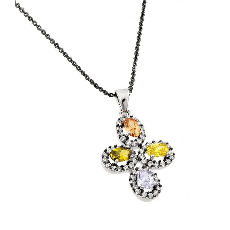 Trendy necklaces and pendants with statement pieces for a bold fashion statement-Clearance-Silver 925 Rhodium Plated Multicolor Flower Black and Clear CZ Necklace - BGP00706