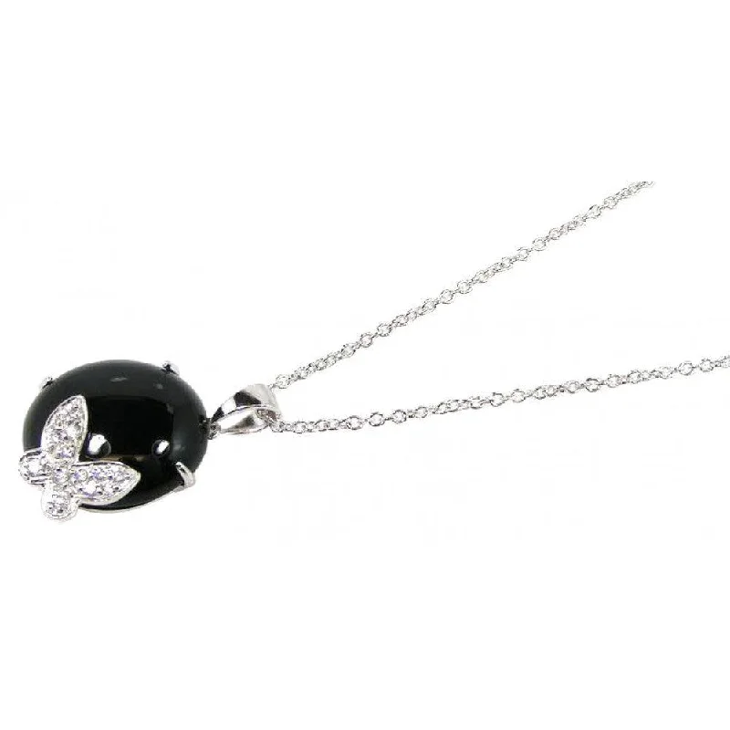 Best necklaces and pendants with vintage lockets for a nostalgic, sentimental look-Clearance-Silver 925 Rhodium Plated Round Onyx Clear CZ Butterfly Pendant Necklace - STP00628