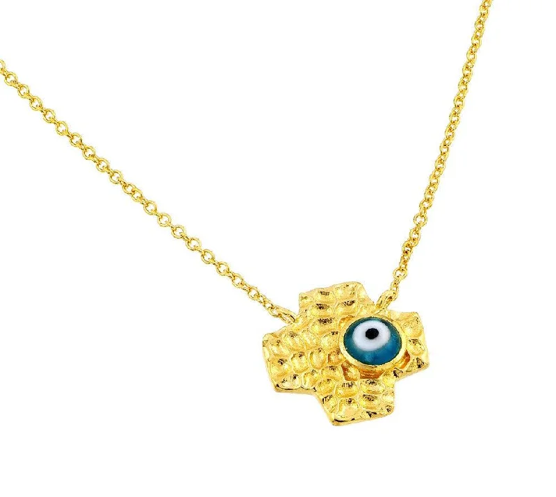 Simple necklaces and pendants with bar pendants for a sleek modern design-Silver 925 Gold Plated Evil Eye Blue Iris Square Cross Pendant Necklace - BGP00841GP