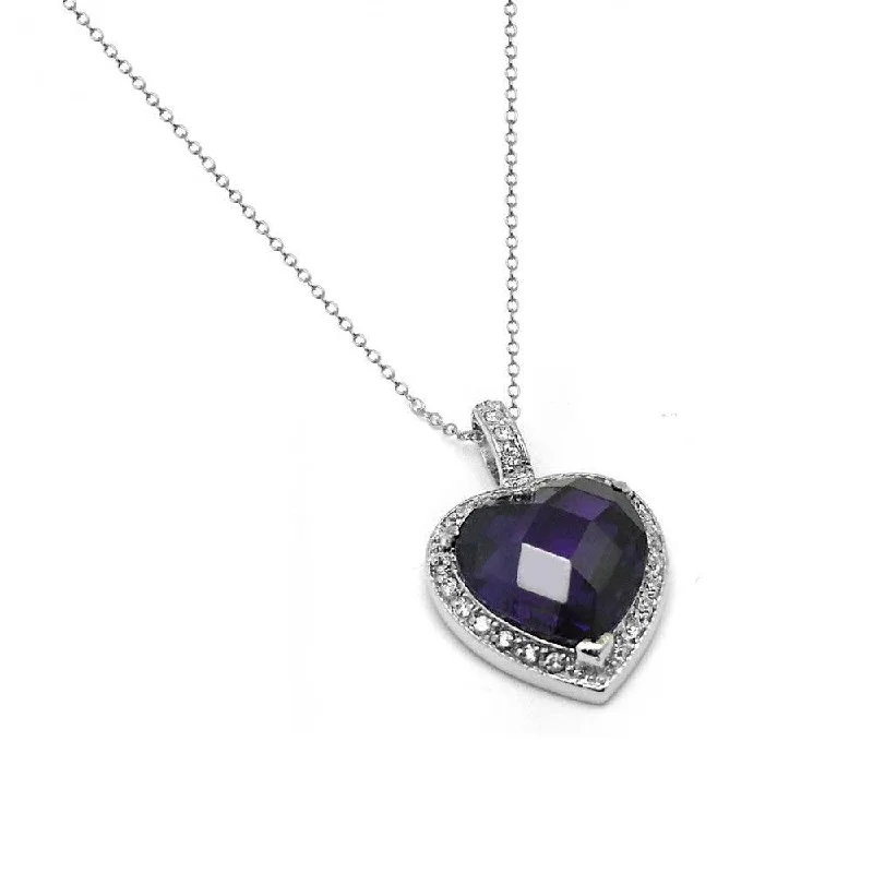 Necklaces and pendants with matching rings for a coordinated set of jewelry-Silver 925 Rhodium Plated Clear and Purple CZ Heart Pendant Necklace - BGP00936PUR