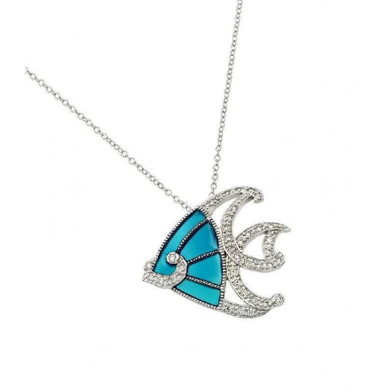 Best necklaces and pendants for everyday wear with minimalist designs-Silver 925 Rhodium and Black Rhodium Plated Clear CZ Stone Blue Fish Pendant Necklace - BGP00856