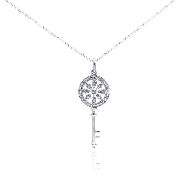 Necklaces and pendants with angel wing motifs for a spiritual, meaningful design-Silver 925 Rhodium Plated Clear Diamond Key Pendant Necklace - STP01039