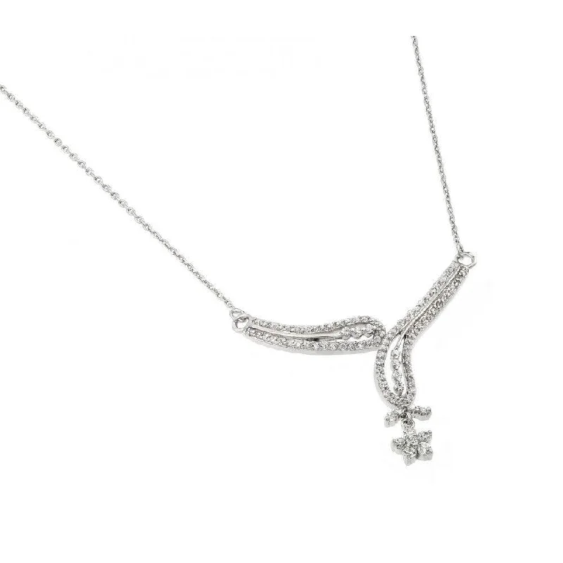 Simple necklaces and pendants with tiny charms for a delicate and casual vibe-Silver 925 Rhodium Plated Clear CZ Leaf and Flower Pendant Necklace - BGP00955