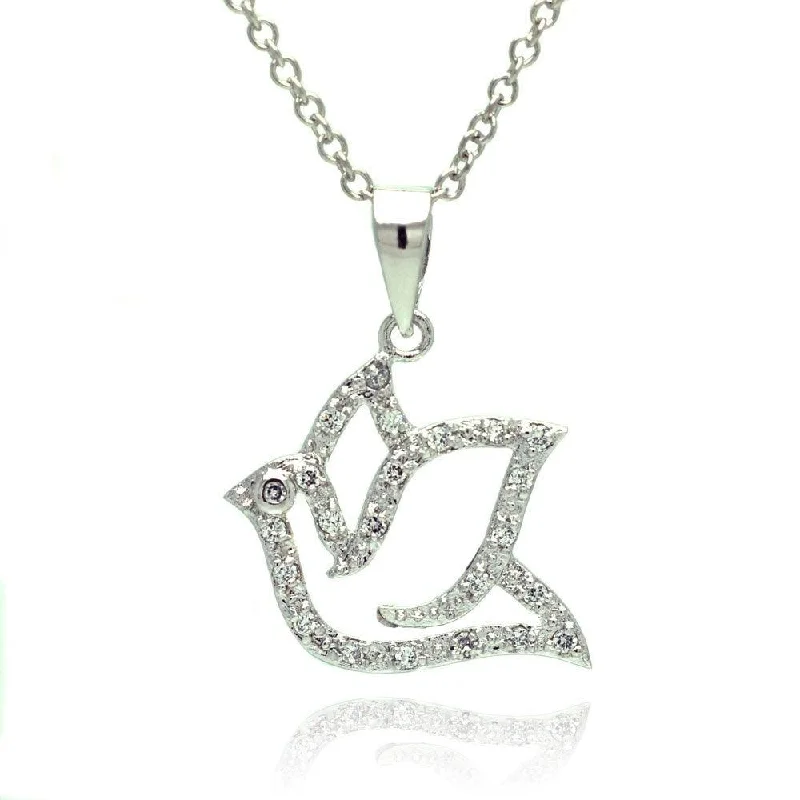 Necklaces and pendants with matching rings for a coordinated set of jewelry-Silver 925 Rhodium Plated Open Dove CZ Necklace - BGP00330