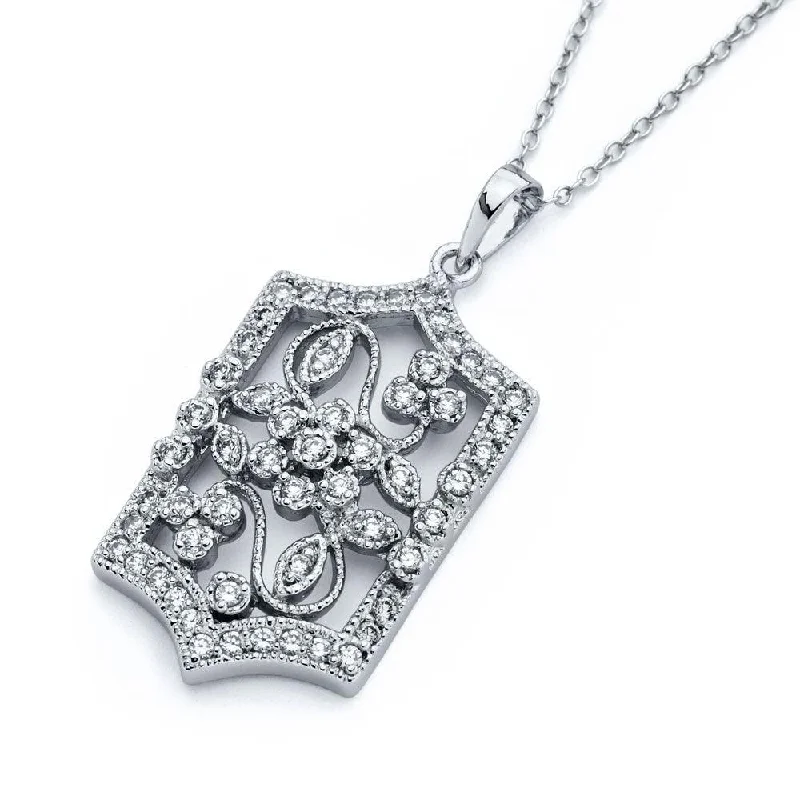 Necklaces and pendants with angel wing motifs for a spiritual, meaningful design-Silver 925 Rhodium Plated Flower Filigree CZ Necklace - BGP00812