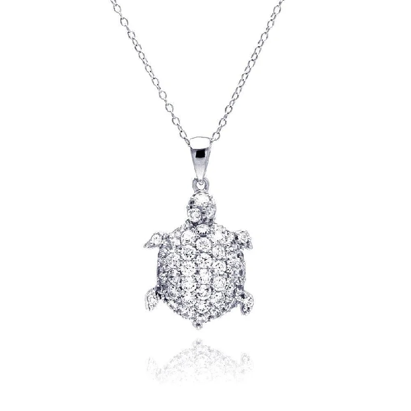 Trendy necklaces and pendants with geometric shapes for a modern aesthetic-Silver 925 Rhodium Plated Clear CZ Turtle Pendant Necklace - STP01314