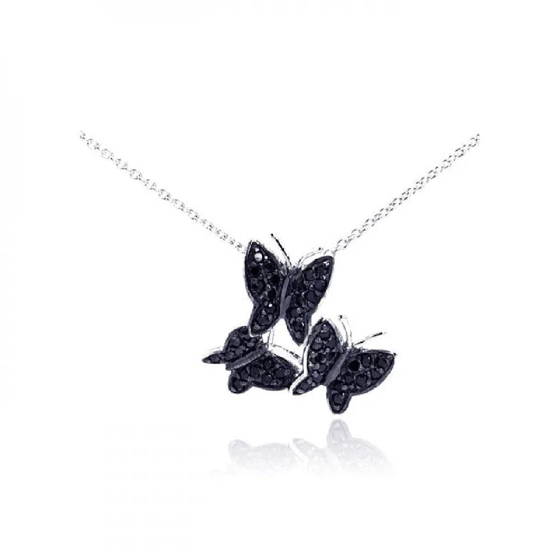 Beautiful necklaces and pendants with butterfly motifs for a whimsical style-Silver 925 Rhodium Plated Black CZ Butterfly Pendant Necklace - STP01062