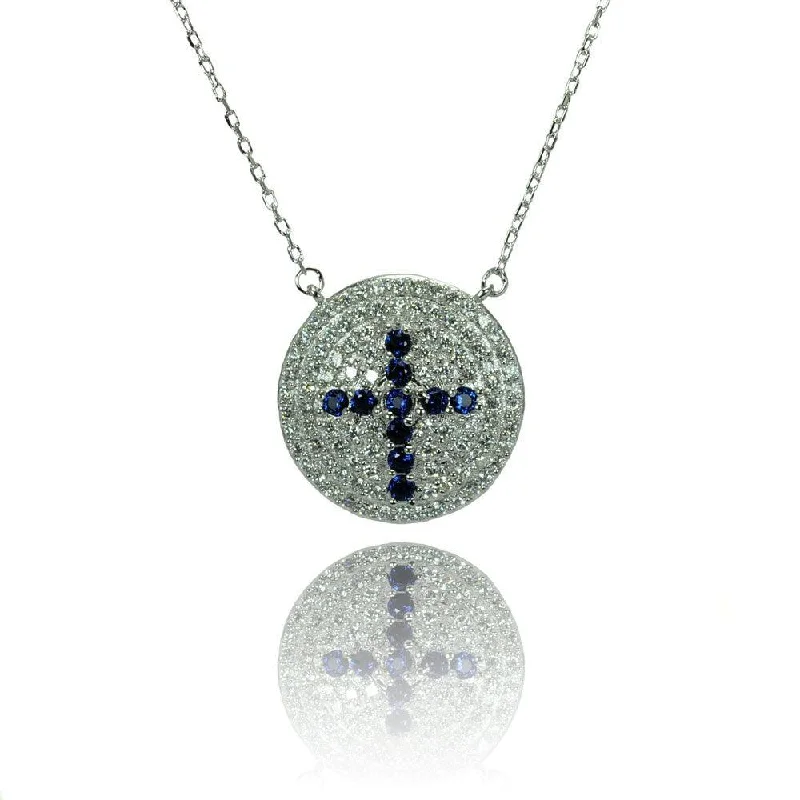 Necklaces and pendants with infinity love symbols for an eternal, romantic gesture-Silver 925 Rhodium Plated Disc Blue Cross CZ Inlay Necklace - BGP00789