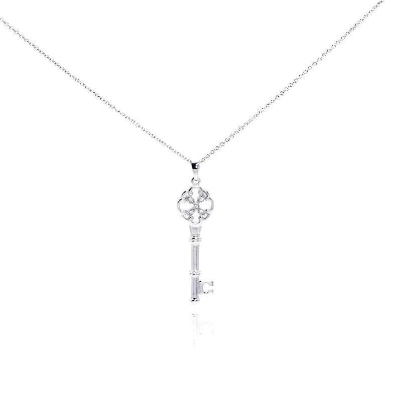 Best necklaces and pendants with silver chains for a sleek, timeless look-Silver 925 Rhodium Plated Clear CZ Key Pendant Necklace - STP00999